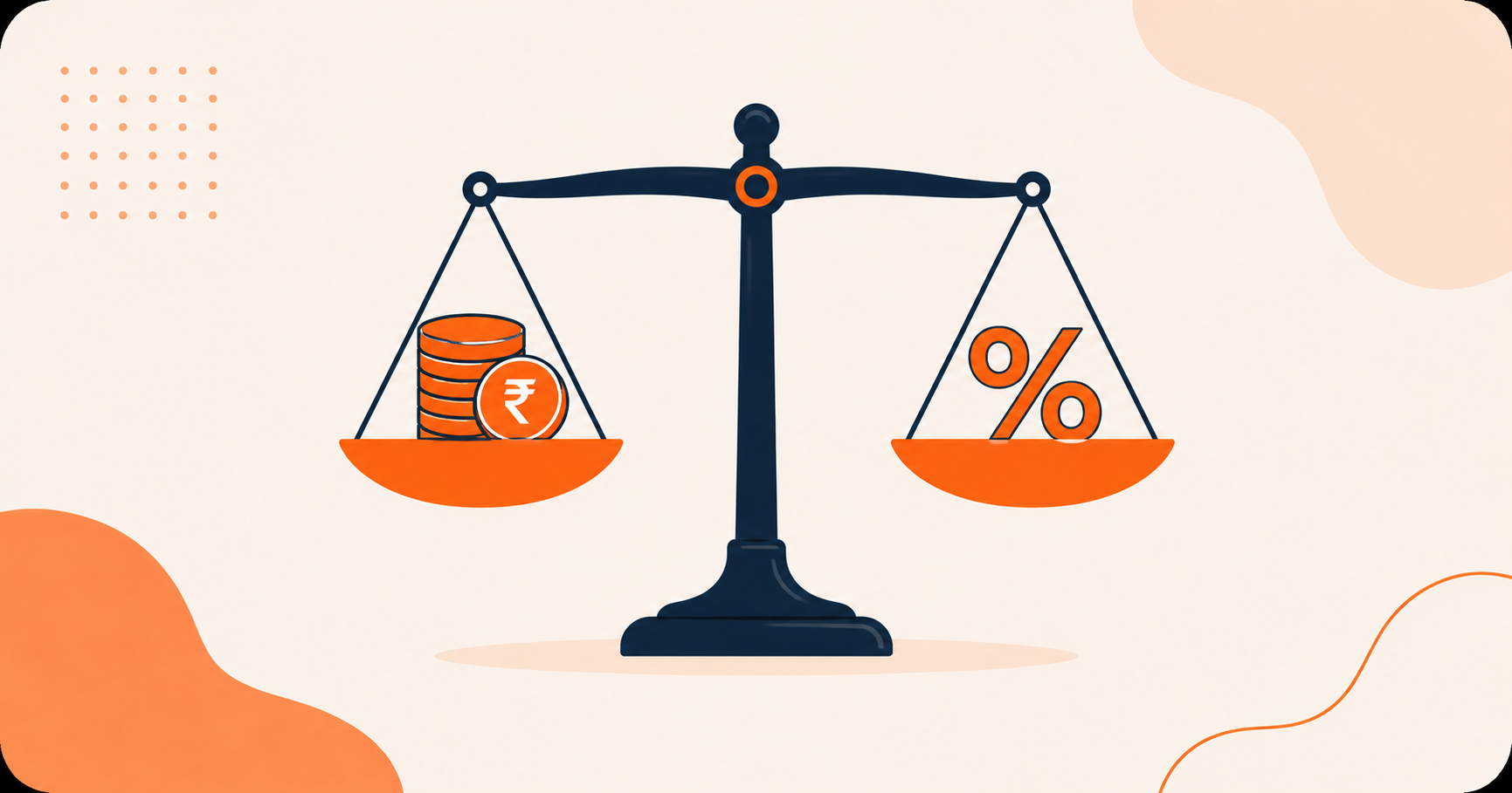 A balance scale weighing rupee coins against a percentage symbol