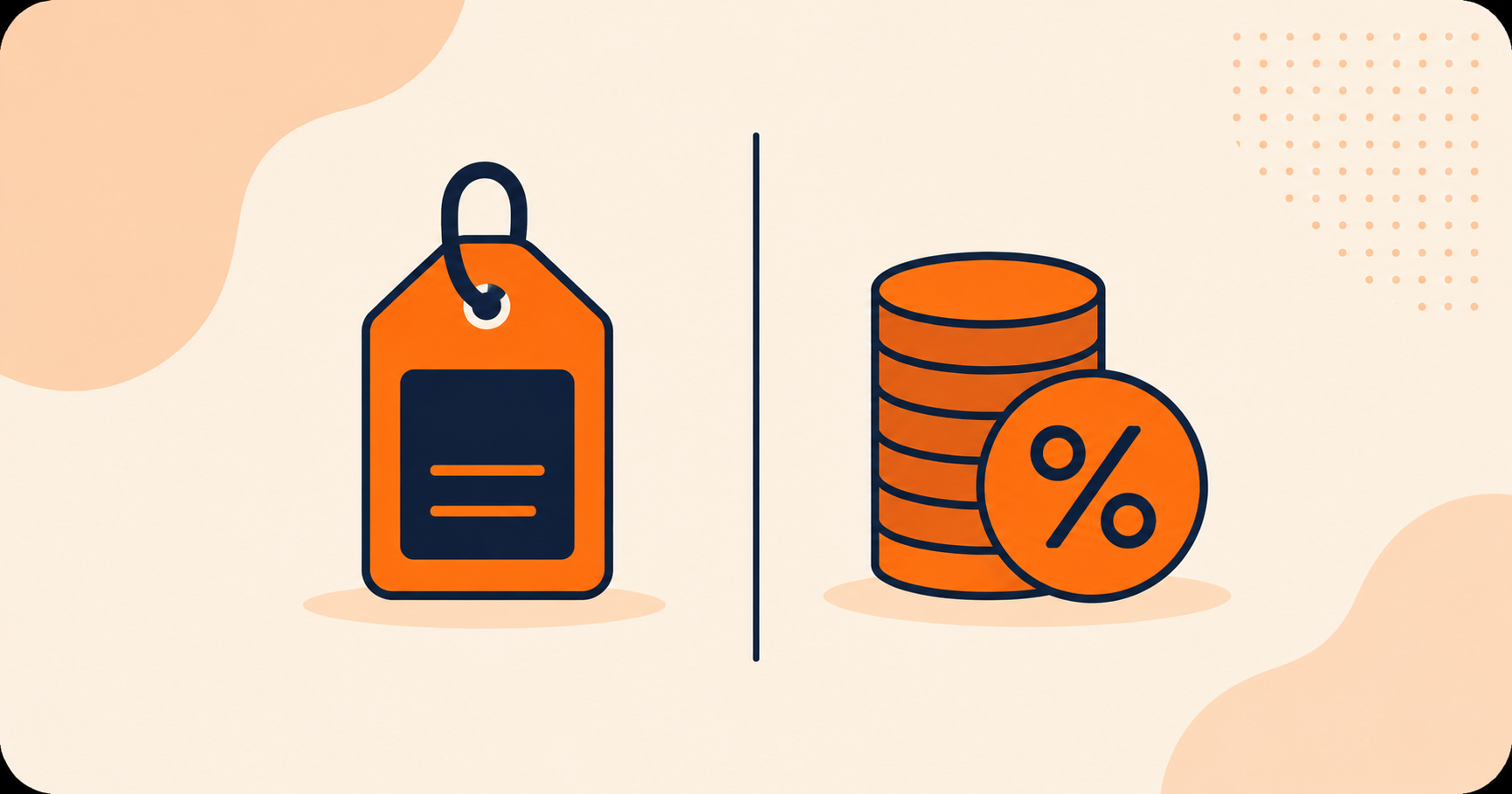 A price tag icon beside a stack of percentage-marked coins