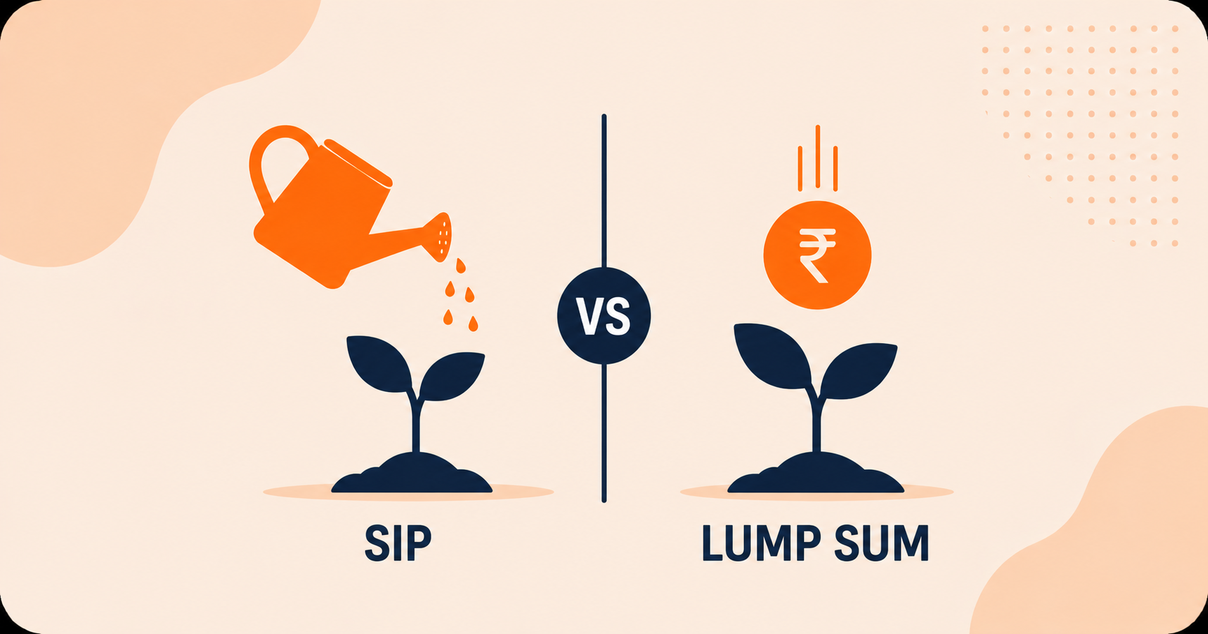A watering can and a coin drop each feeding a small plant sprout, comparing SIP and lump sum investing