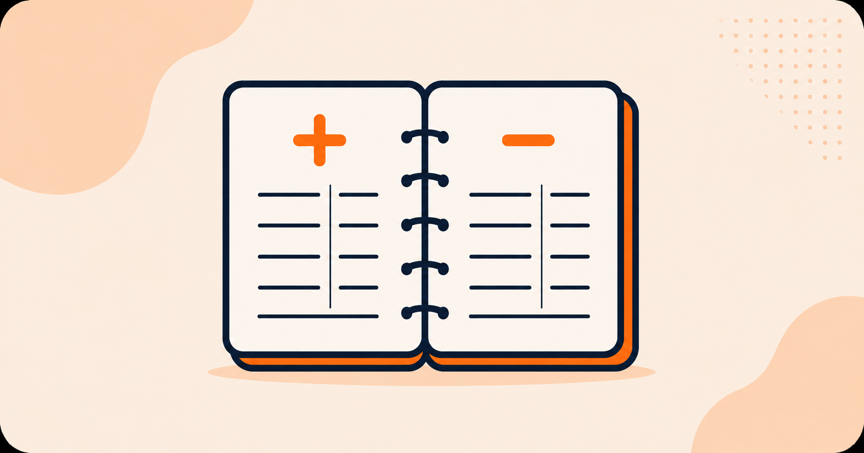 An open ledger notebook with plus and minus symbols on facing pages
